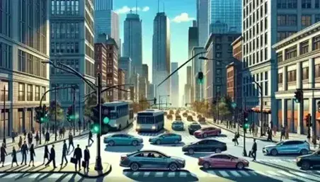 Bustling city street with diverse pedestrians, multiple cars at a green traffic light, and a mix of urban buildings under a clear blue sky.
