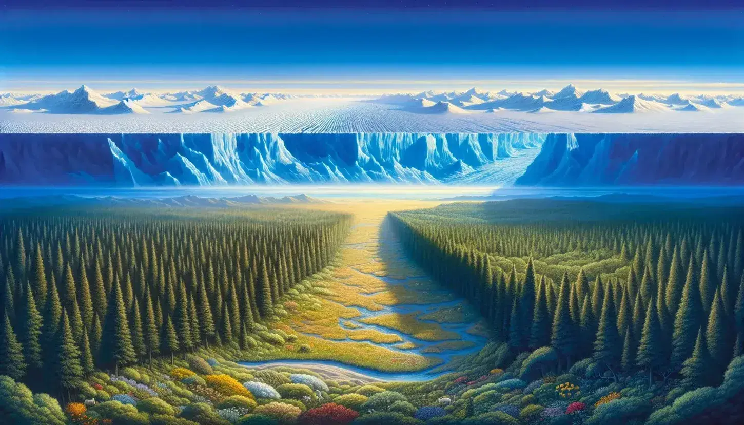 Paesaggio naturale con calotta glaciale e foreste rigogliose divise da un fiume che riflette il cielo azzurro e il bianco dei ghiacci.