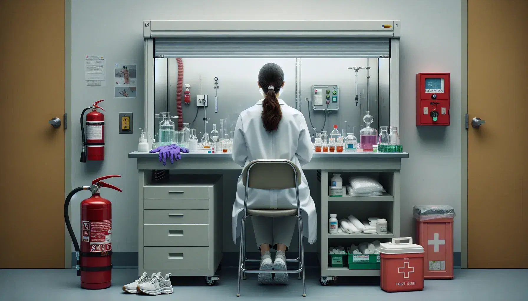 Person in white coat and purple gloves handles beakers with liquid in safe laboratory with fire extinguisher, emergency shower and first aid kit.