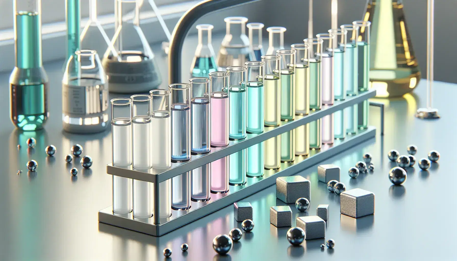 Provette in vetro con soluzioni colorate da bianco latte a giallo limone e blocchi metallici argentei su banco da laboratorio, rappresentando reazioni di metalli alcalino-terrosi.