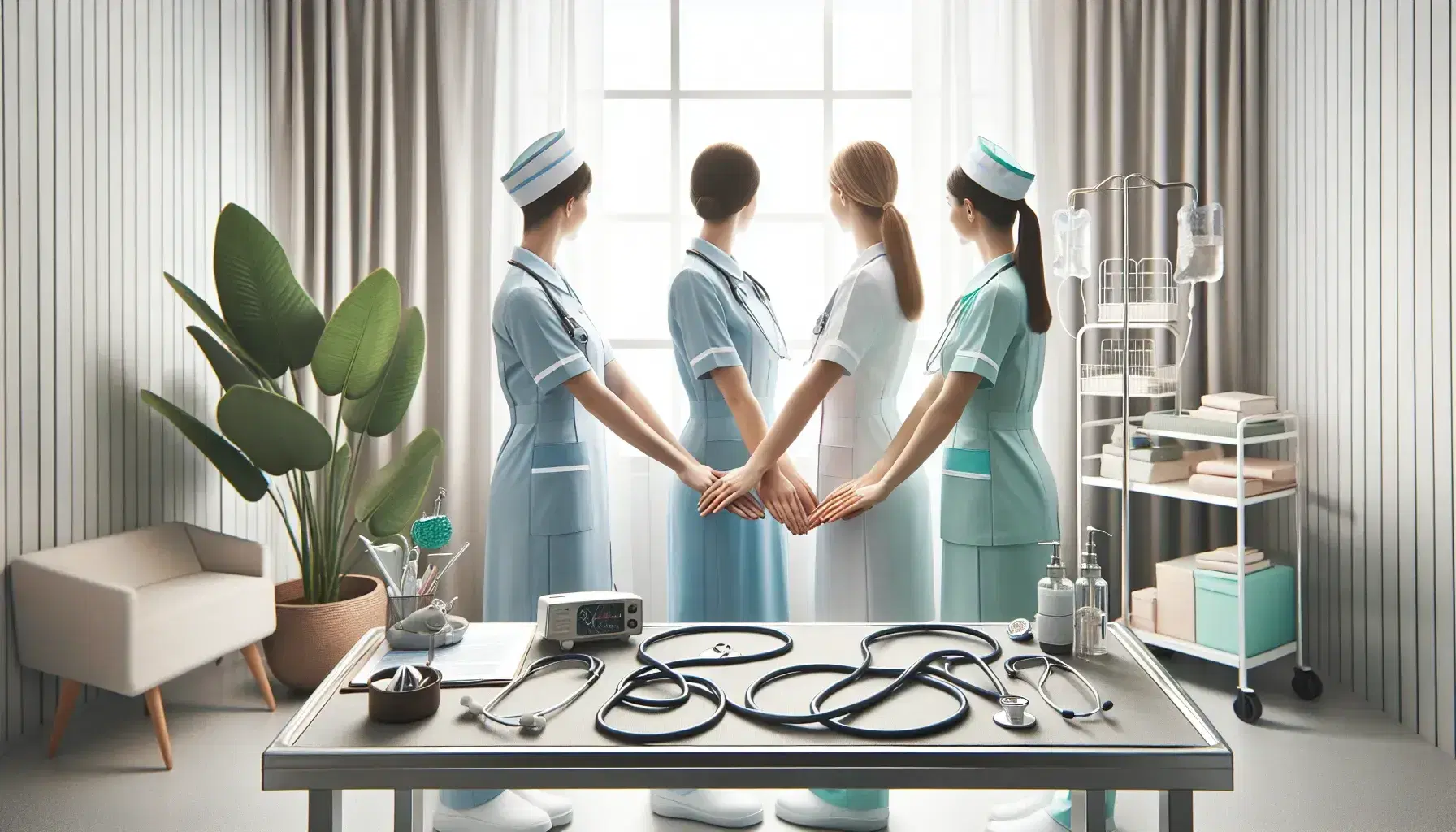 Profesionales de la salud en uniformes de enfermería uniendo manos en señal de equipo en hospital con carro de instrumentos médicos.