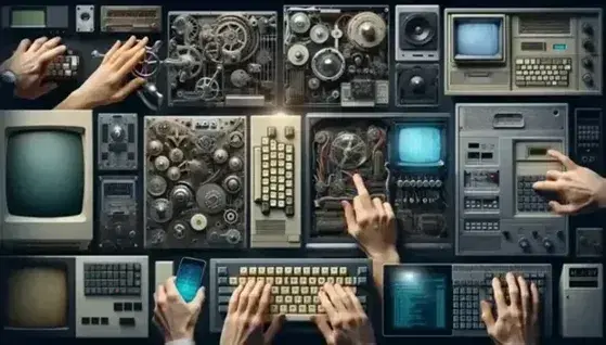 Mani interagiscono con dispositivi elettronici storici e moderni, da calcolatori meccanici antichi a tablet contemporanei.