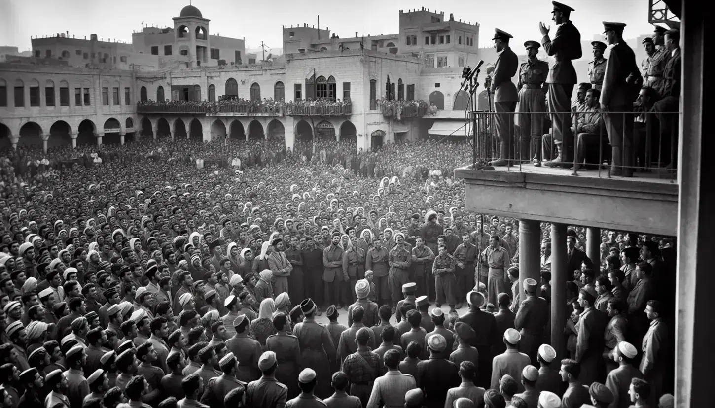 Folla ascolta uomo in divisa su balcone in piazza Medio Oriente anni '50-'60, architettura tradizionale, cielo sereno.