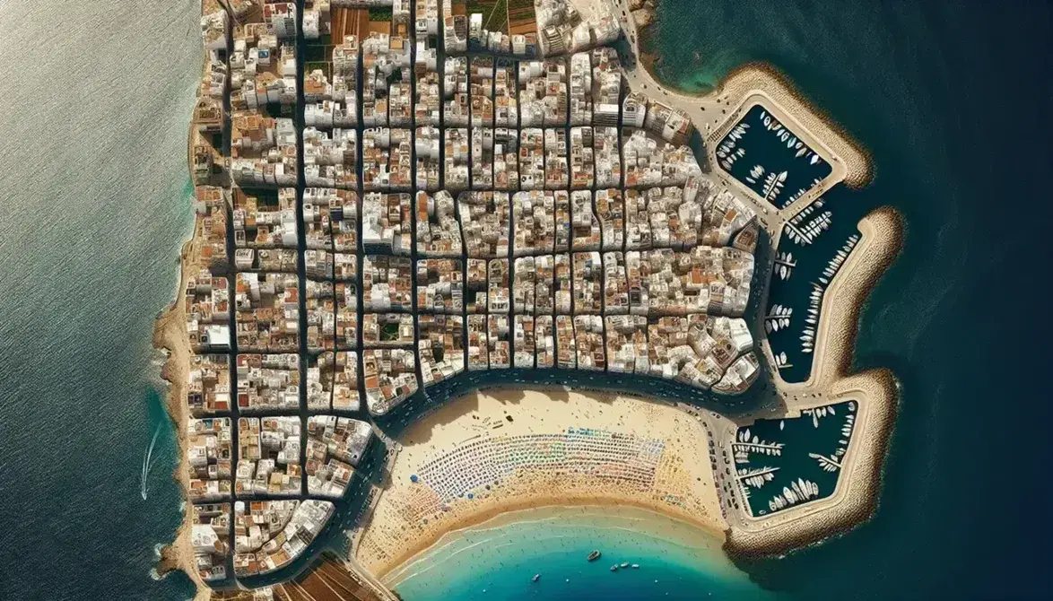 Vista aerea di una cittadina costiera spagnola con edifici bianchi e beige, spiaggia sabbiosa, mare blu e porto con barche.