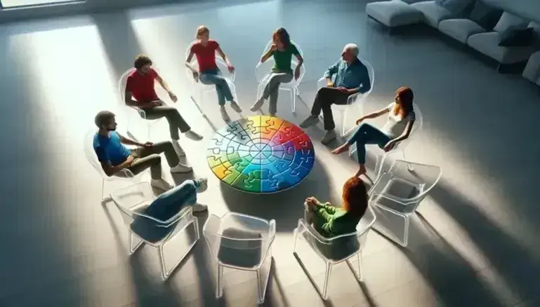 Gruppo di cinque persone assortite per età e genere sedute in cerchio su sedie trasparenti, intenti a completare un puzzle sferico colorato su tavolo di vetro.