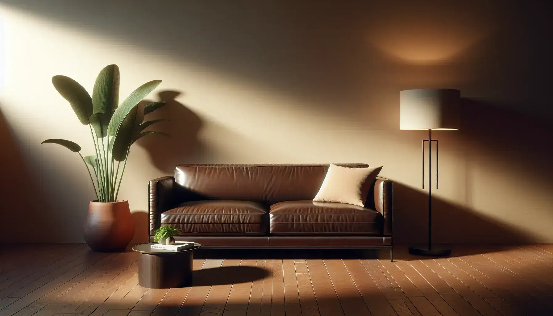 Sofá de cuero marrón oscuro con textura arrugada, cojín beige, mesa redonda de madera y lámpara de pie junto a planta interior en salón acogedor.