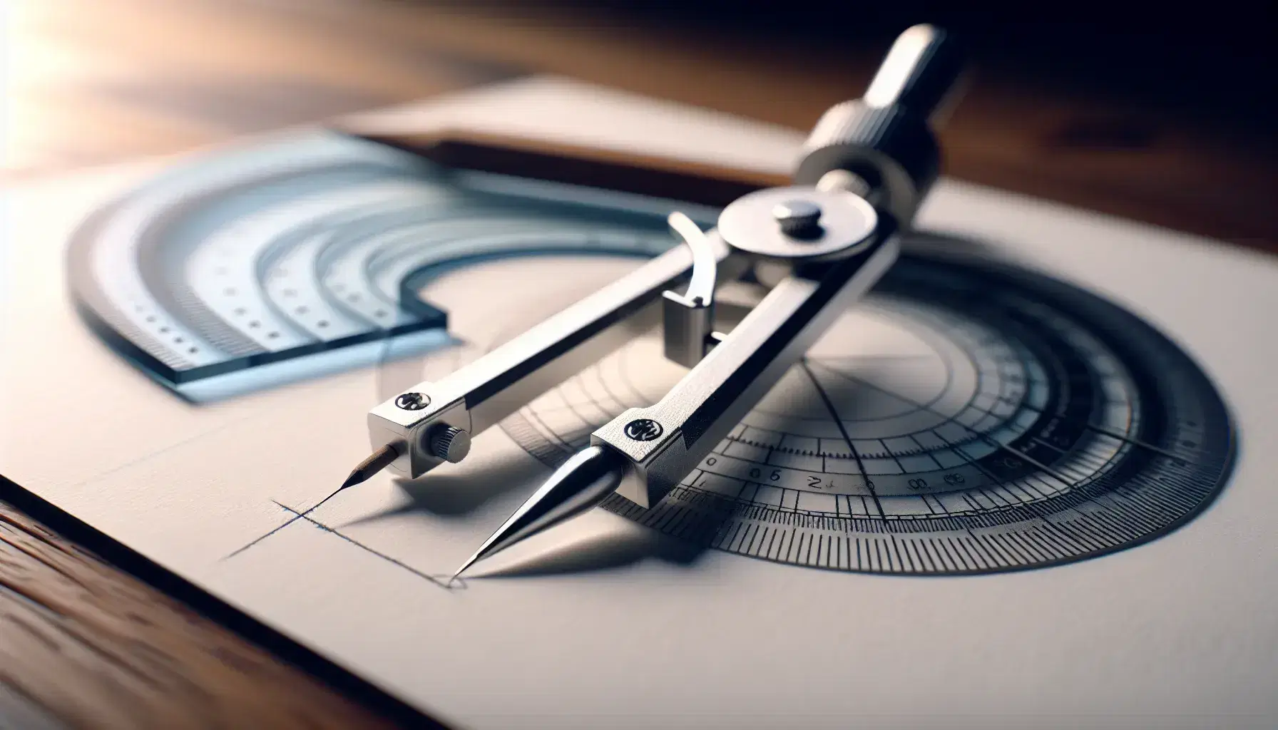 Close-up view of a silver compass with attached pencil starting a curve on white paper, with a blurred blue-tinted protractor on a wooden desk.