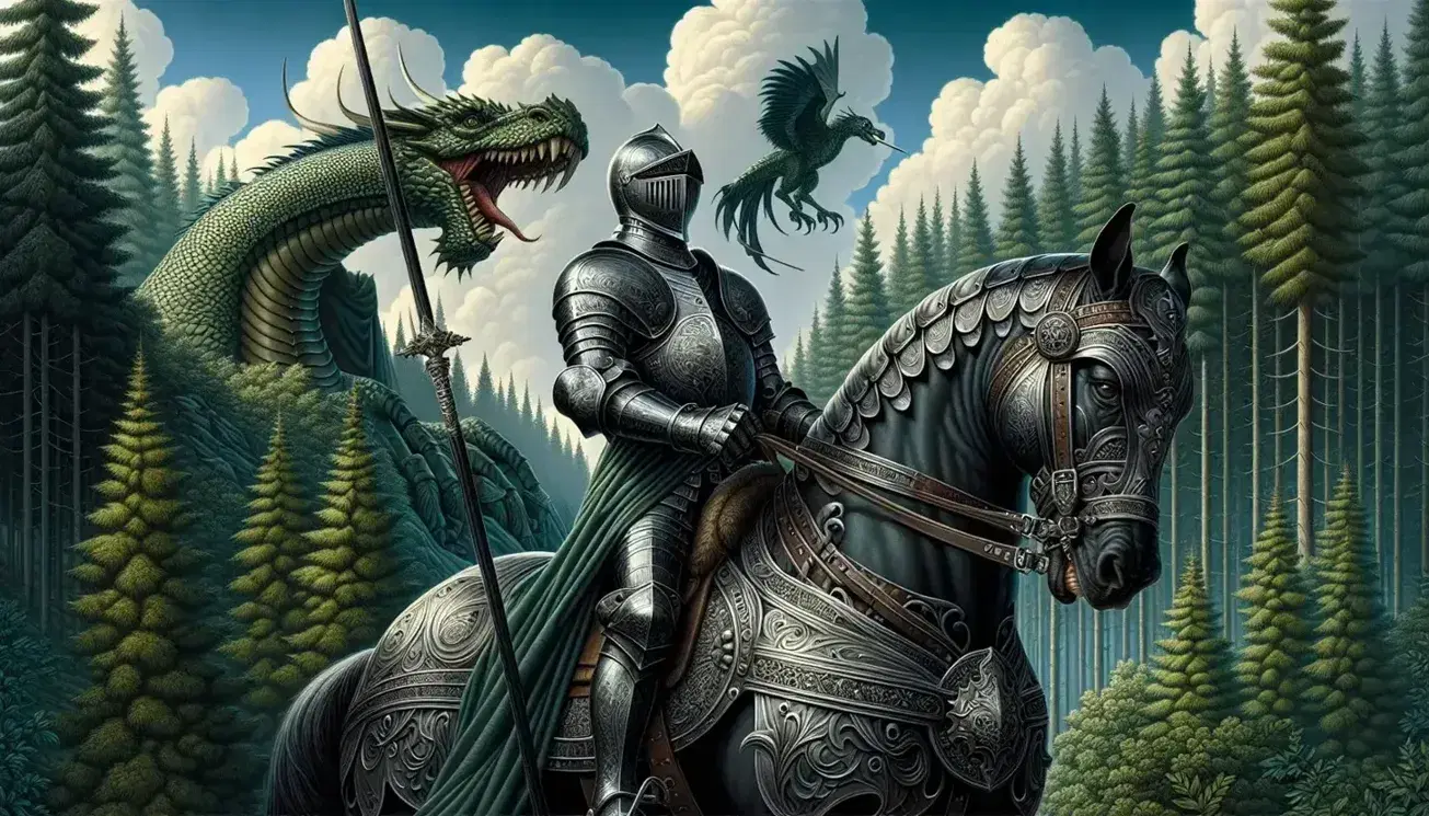 Cavaliere rinascimentale in armatura su cavallo marrone scuro affronta drago verde in foresta lussureggiante sotto cielo azzurro.