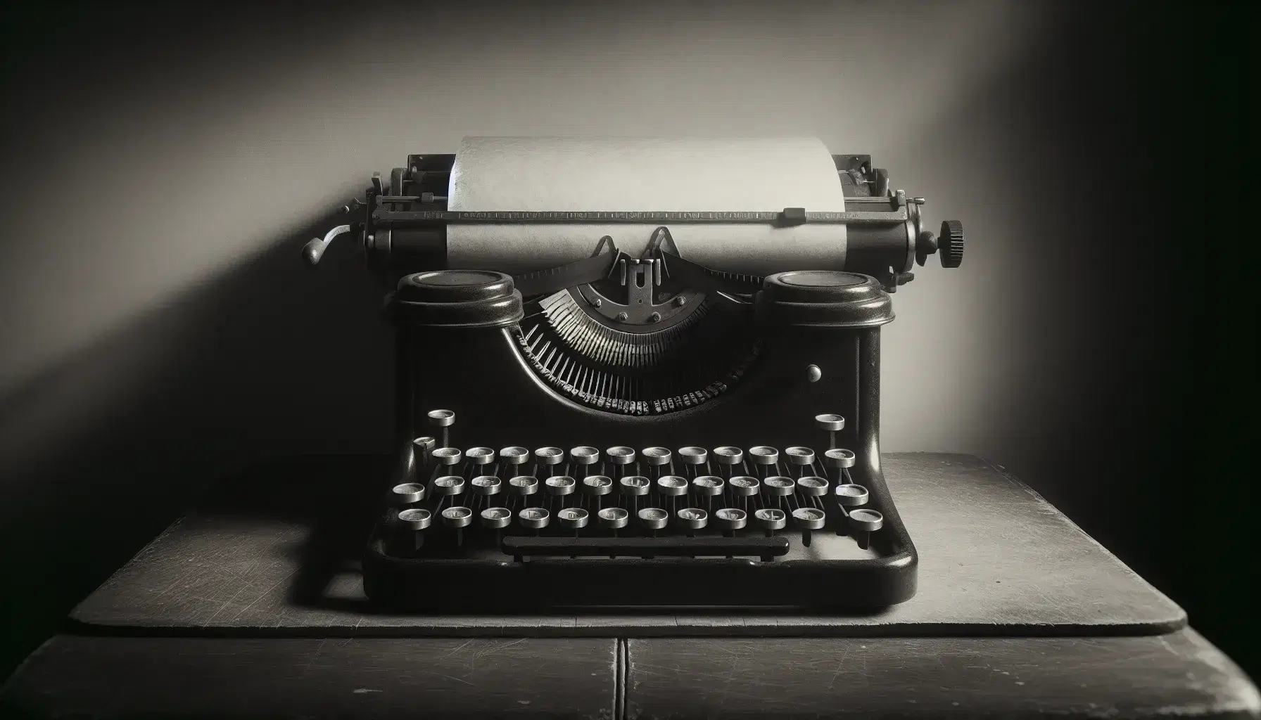 Vintage mid-20th-century typewriter on a worn wooden desk with blank paper, round keys, and a carriage return lever, in a softly lit setting.