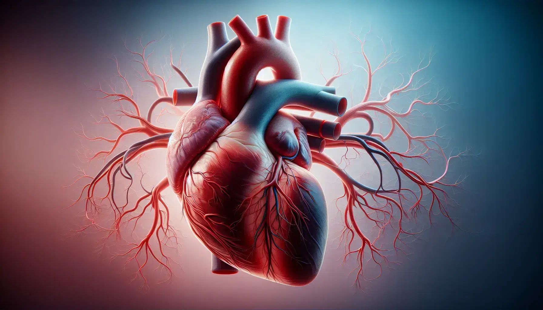 Corazón humano tridimensional realista con cámaras y vasos sanguíneos en rojo y azul sobre fondo degradado azul a blanco.