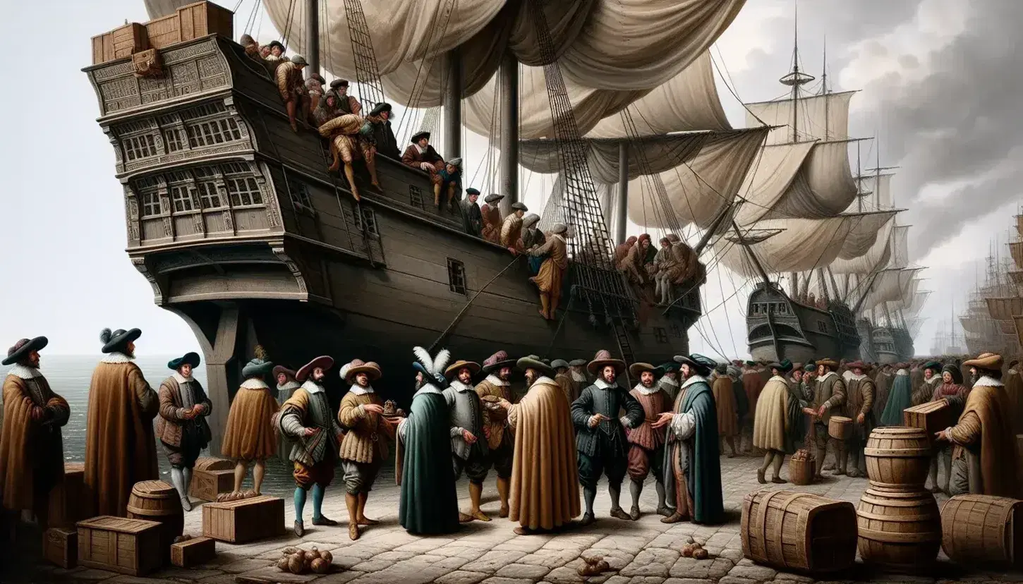 Bustling 16th-century dock scene with diverse merchants in period attire discussing trade, dockworkers loading a wooden ship, and a European port city skyline.