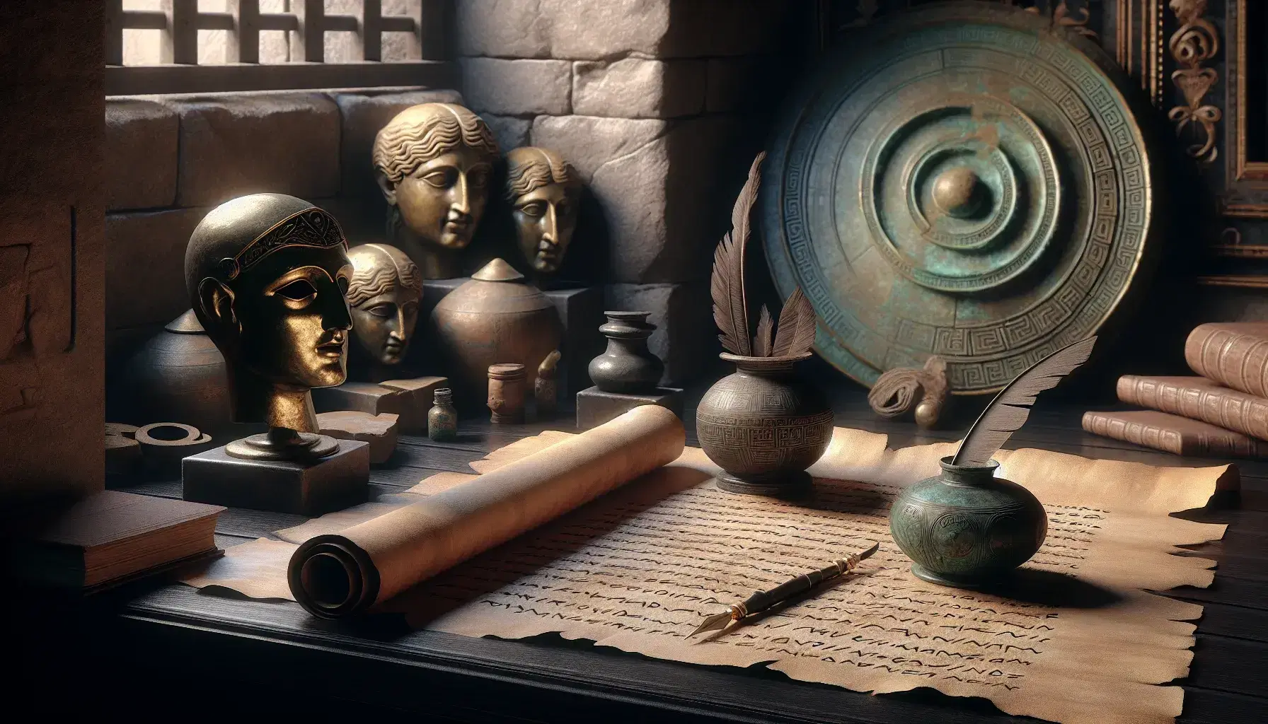 Scena di antica biblioteca con papiro, calamaio e penna in bronzo, maschera teatrale greca, elmo corinzio e statuetta etrusca.