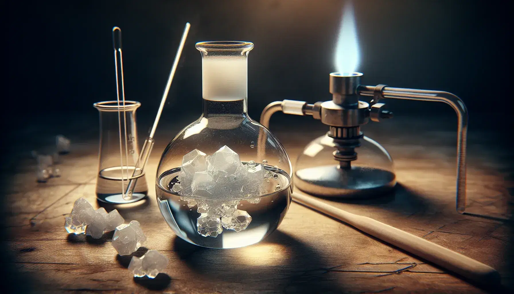 Glass flask with clear liquid and crystalline substance on laboratory bench, next to lit Bunsen burner and glass rod.