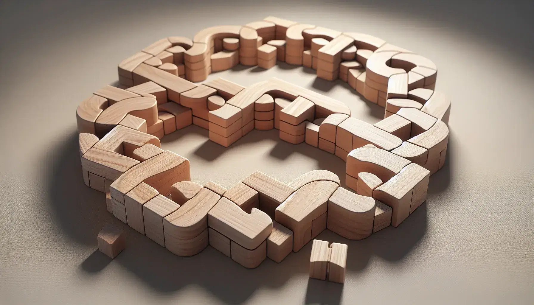 Close-up view of a wooden interlocking loop puzzle with various shaped pieces partially assembled, showcasing the natural wood grain.