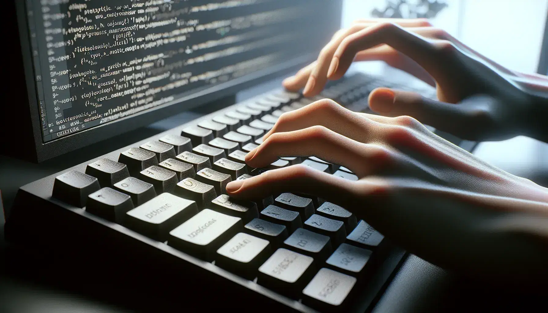 Hands of a person typing on a black QWERTY keyboard with right index finger on Enter, background with screen and blurred Python code.