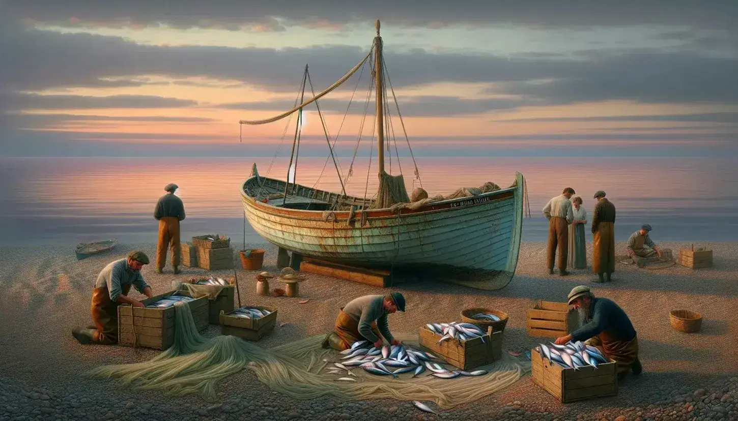 Scena di vita quotidiana in un villaggio di pescatori con barca in legno, uomini al lavoro, donna che pulisce pesci e bambino osservante.