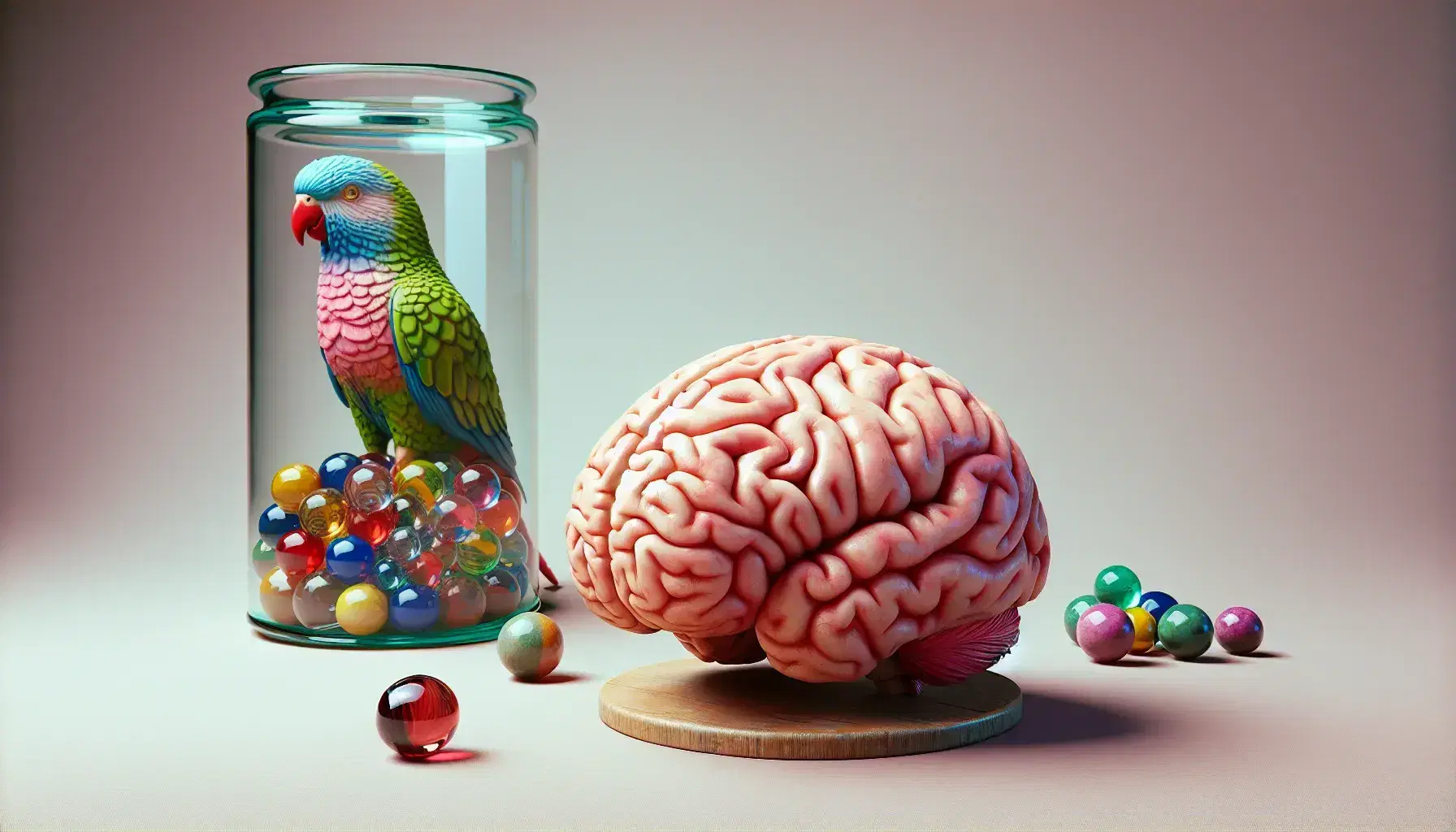 Detailed model of human brain with sulci and convolutions on neutral background, jar of colorful marbles and green parrot on perch.