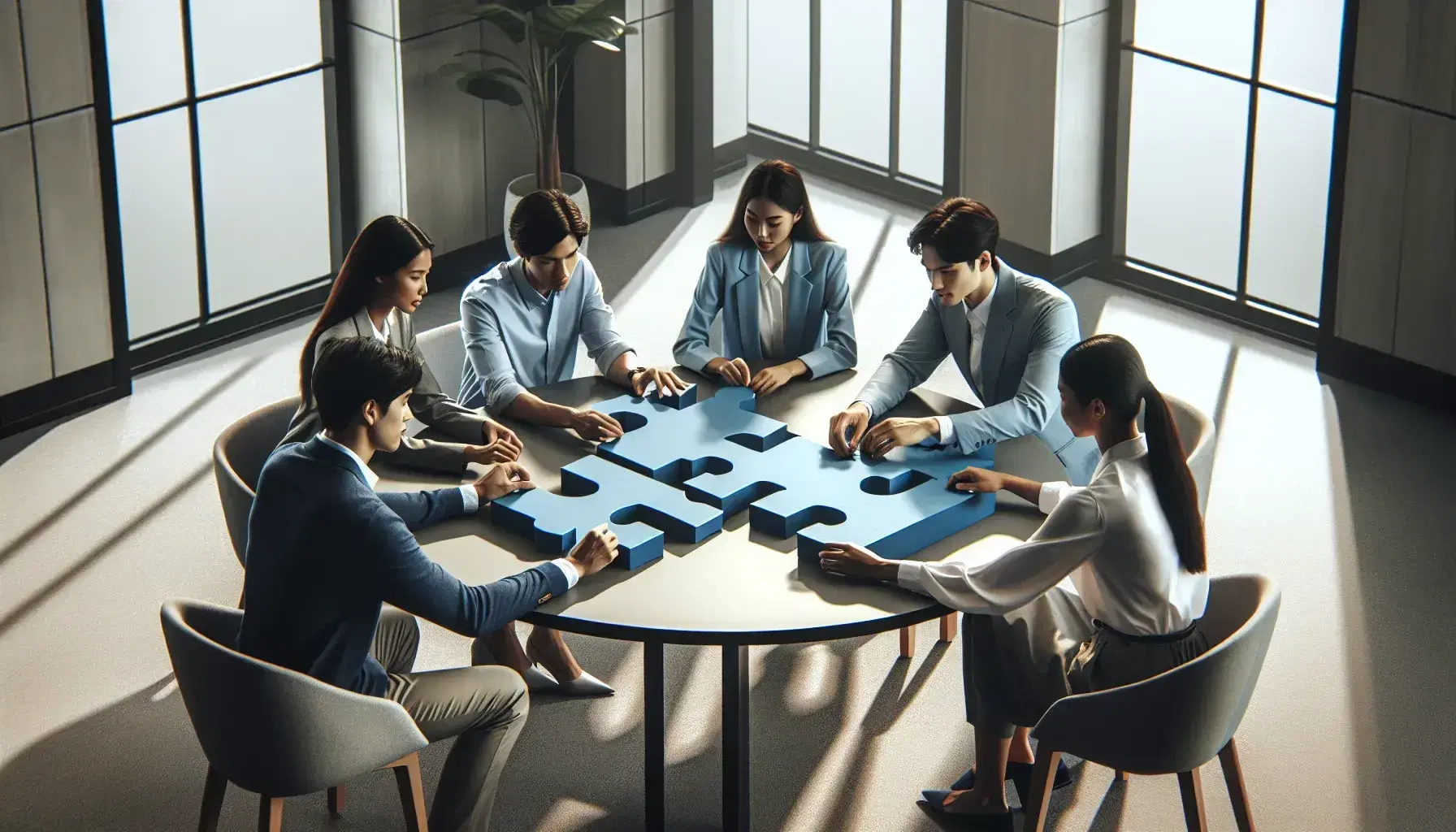 Six professionals, three women and three men, collaborate on assembling a blue 3D puzzle at a conference table in a bright office setting.