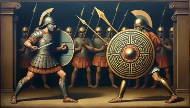 Escena de batalla antigua con dos guerreros enfrentados, uno con armadura de bronce y escudo redondo, y otro con túnica y espada, bajo un cielo teñido de rojo.