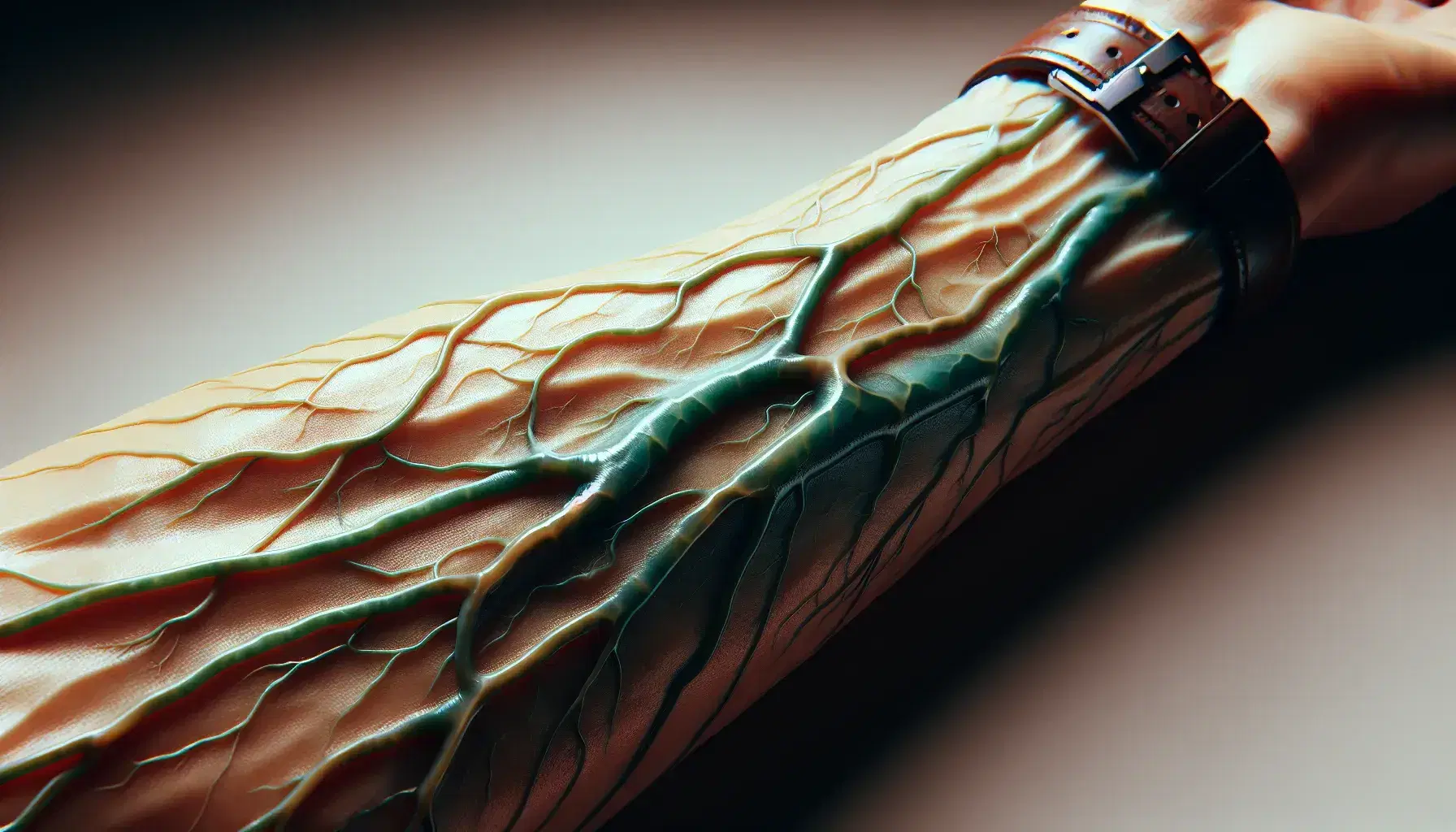 Primer plano de una red de venas humanas en un brazo con piel ligeramente bronceada, destacando el patrón ramificado de tonos azulados y verdosos.