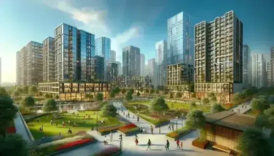 Modern cityscape with skyscrapers and public park, walking people, playing children and dogs, under clear blue sky.