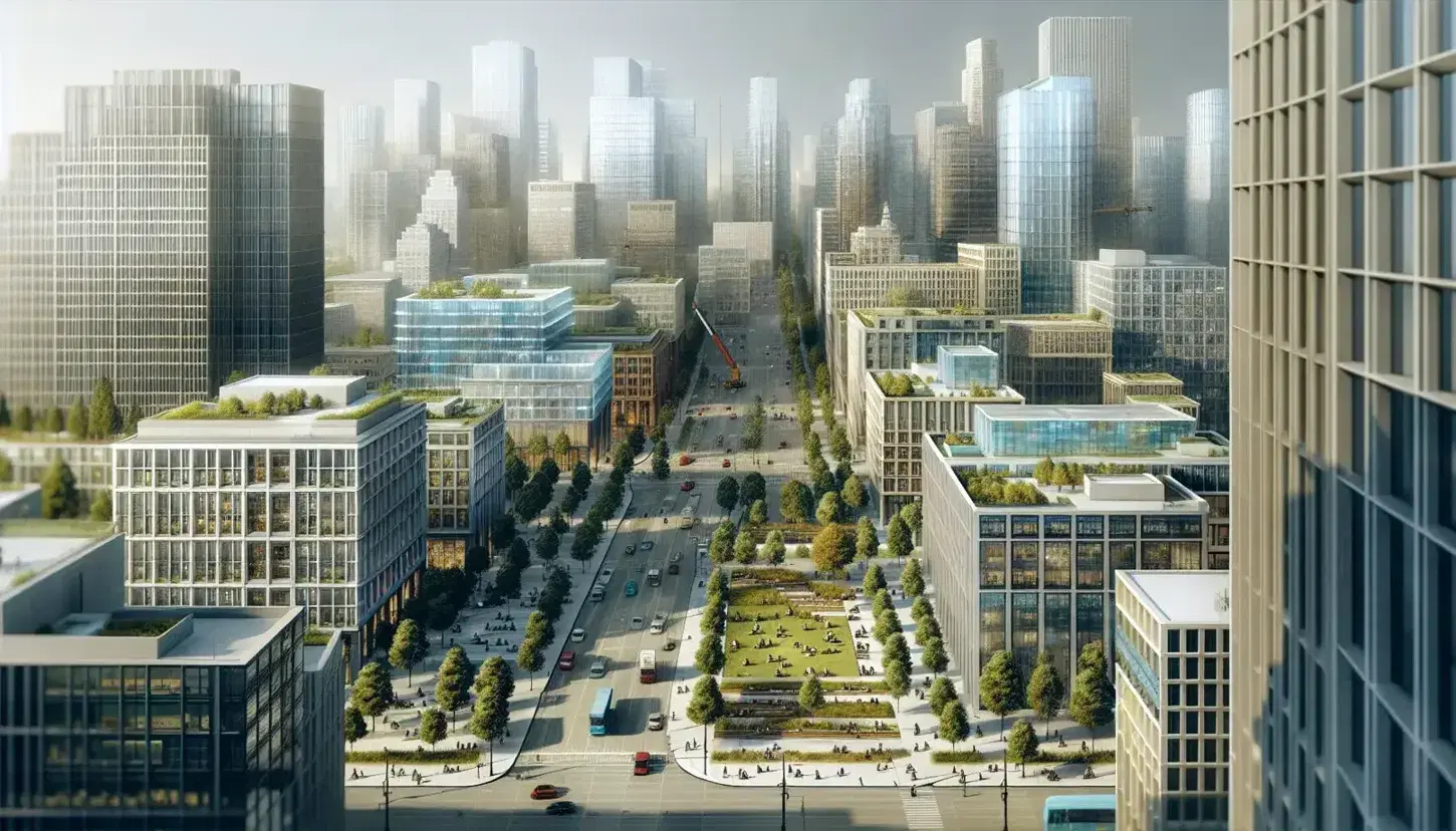 Vista panorámica de una ciudad moderna con parque, rascacielos de cristal, edificios antiguos y calles con tráfico bajo un cielo azul claro.
