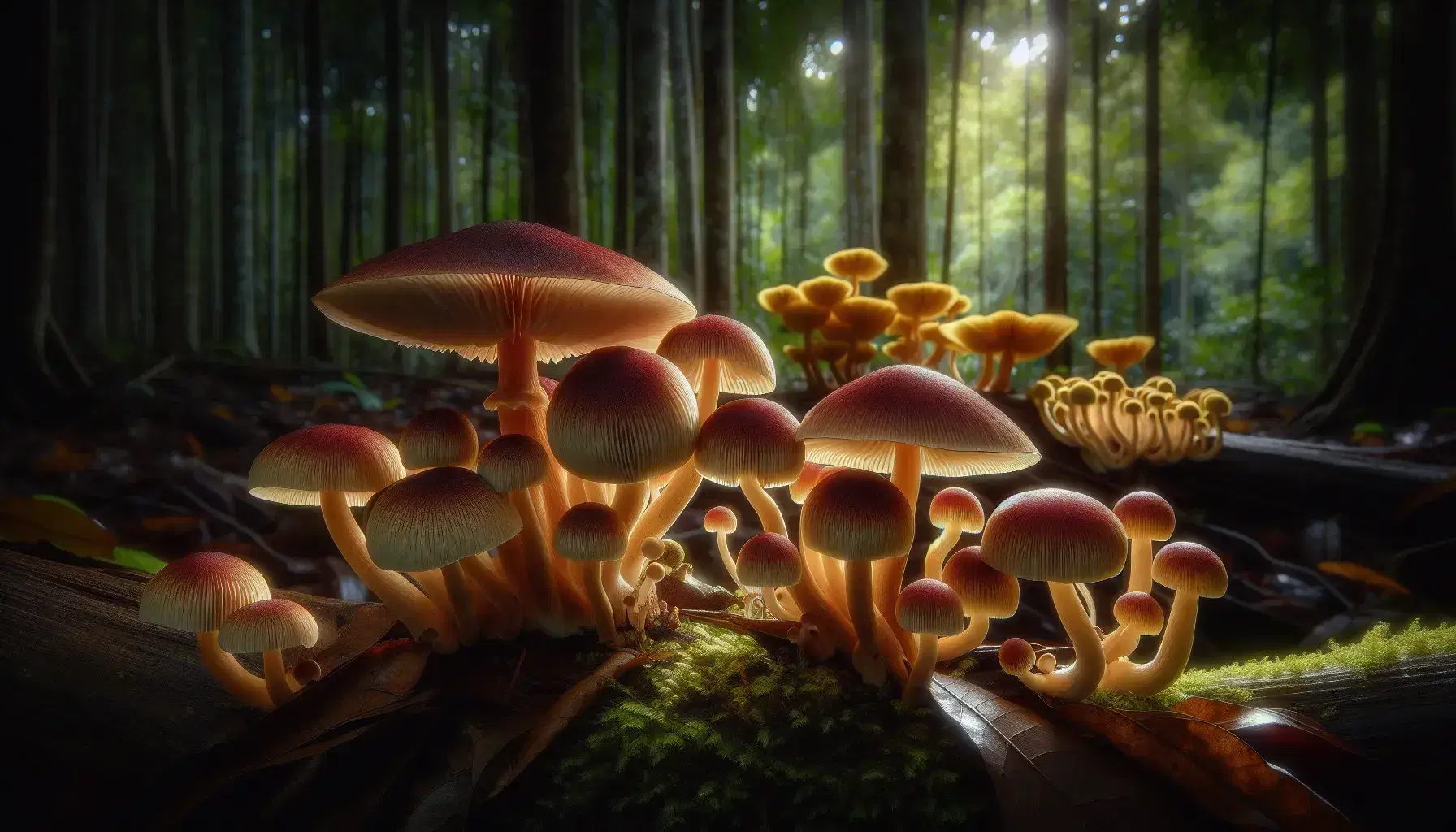 Hongos silvestres de sombreros rojizos y amarillos creciendo en un bosque húmedo y sombreado, con un fondo de árboles y vegetación musgosa.