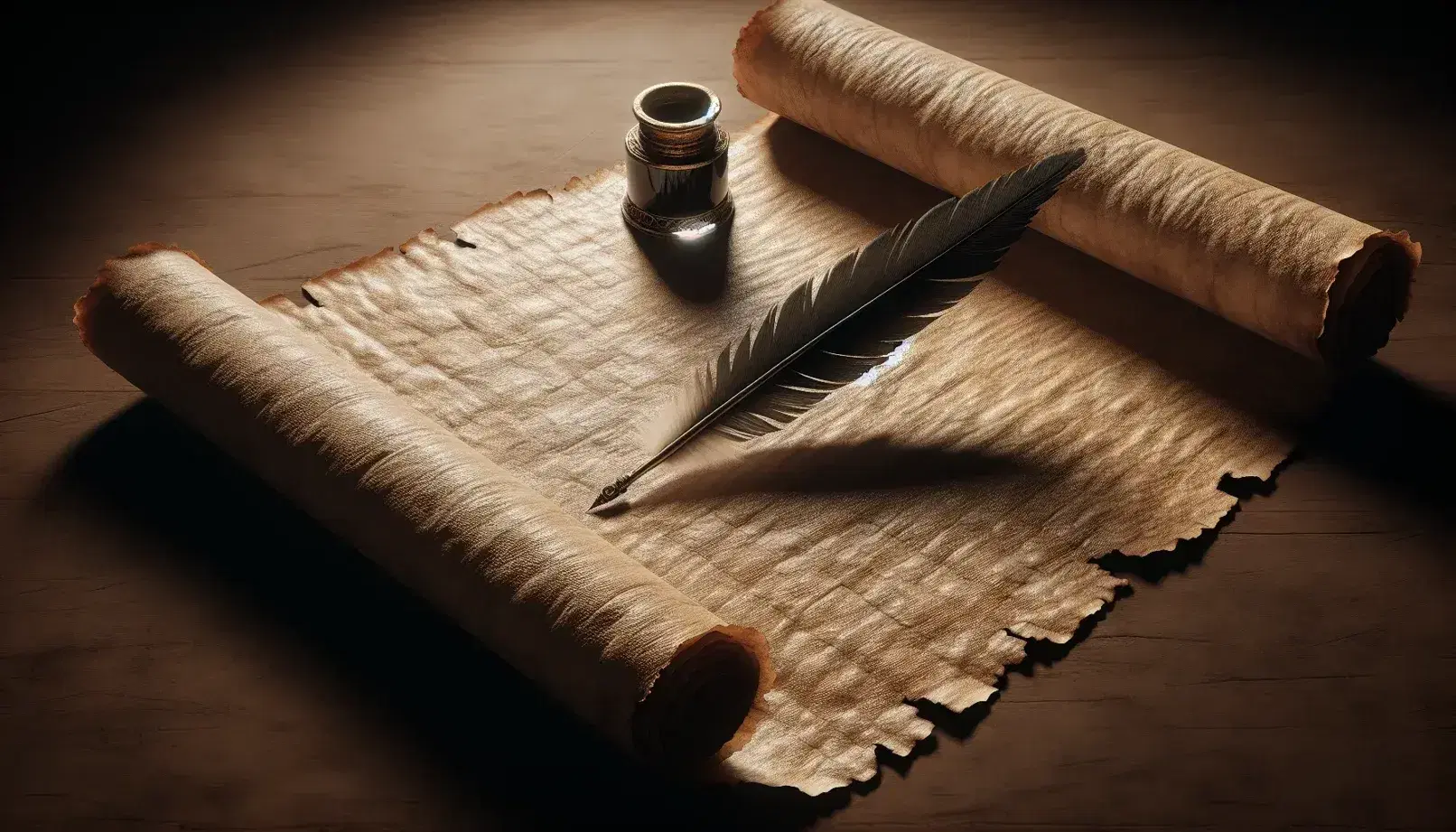 Close-up of an ancient parchment scroll with inkwell pen and ink on dark wooden table, evoking a historical atmosphere.