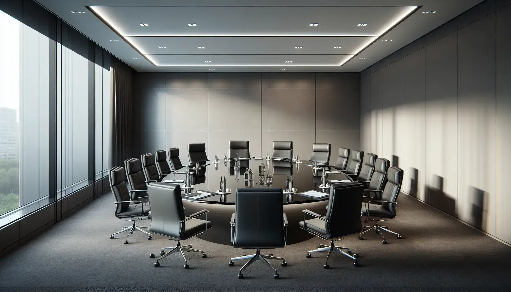 Modern conference room with oval glass table, eight charcoal gray leather chairs, laptops, water pitchers, pens, notepads, and a potted plant.