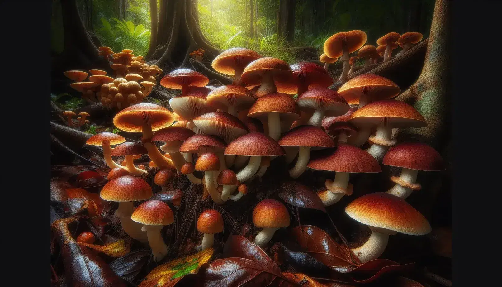 Variedad de hongos con sombreros rojizos y marrones emergiendo entre hojas secas y restos vegetales en un bosque húmedo y sombreado.
