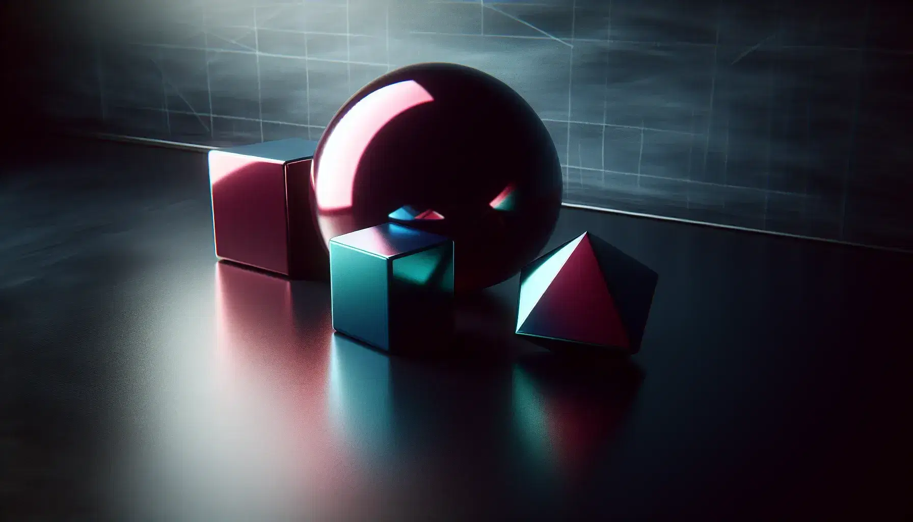 Polished blackboard with a red sphere, blue cube, and green tetrahedron, geometric shapes casting soft shadows, symbolizing mathematical concepts.