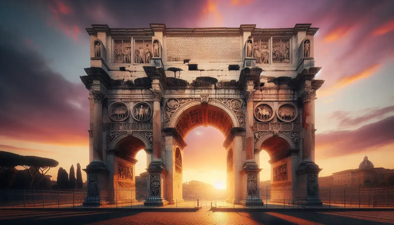 Arco di Costantino a Roma al tramonto, con luce dorata che evidenzia i rilievi e le tre arcate in marmo chiaro su cielo sfumato arancione-rosa.