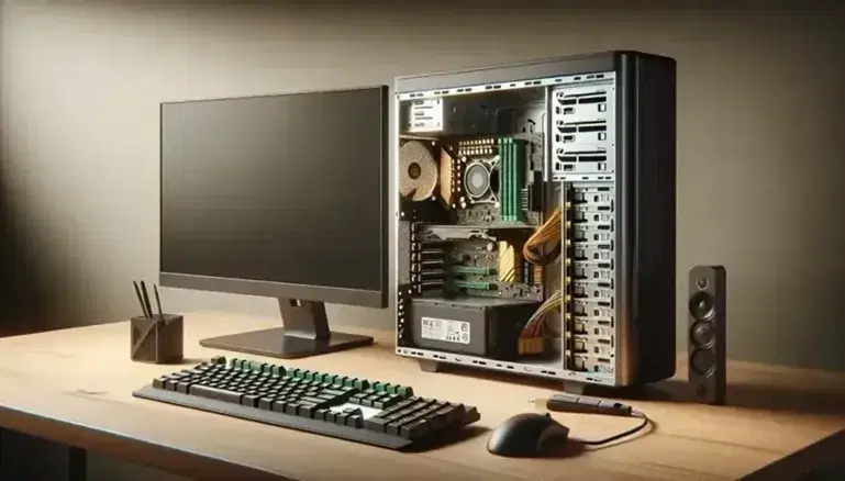 Estación de trabajo con torre de computadora abierta mostrando placa madre, módulos de RAM y tarjeta gráfica, junto a teclado, ratón, monitor apagado y altavoces.