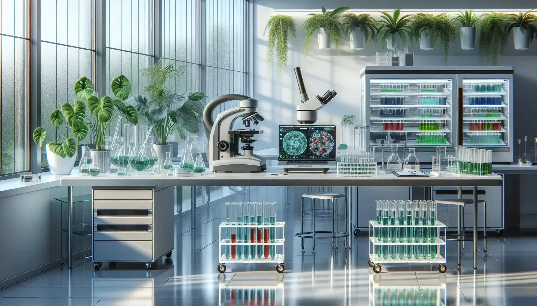 Laboratorio di ricerca biologica moderno con microscopio elettronico, provette colorate, piante in vetro e ricercatore che analizza campione.