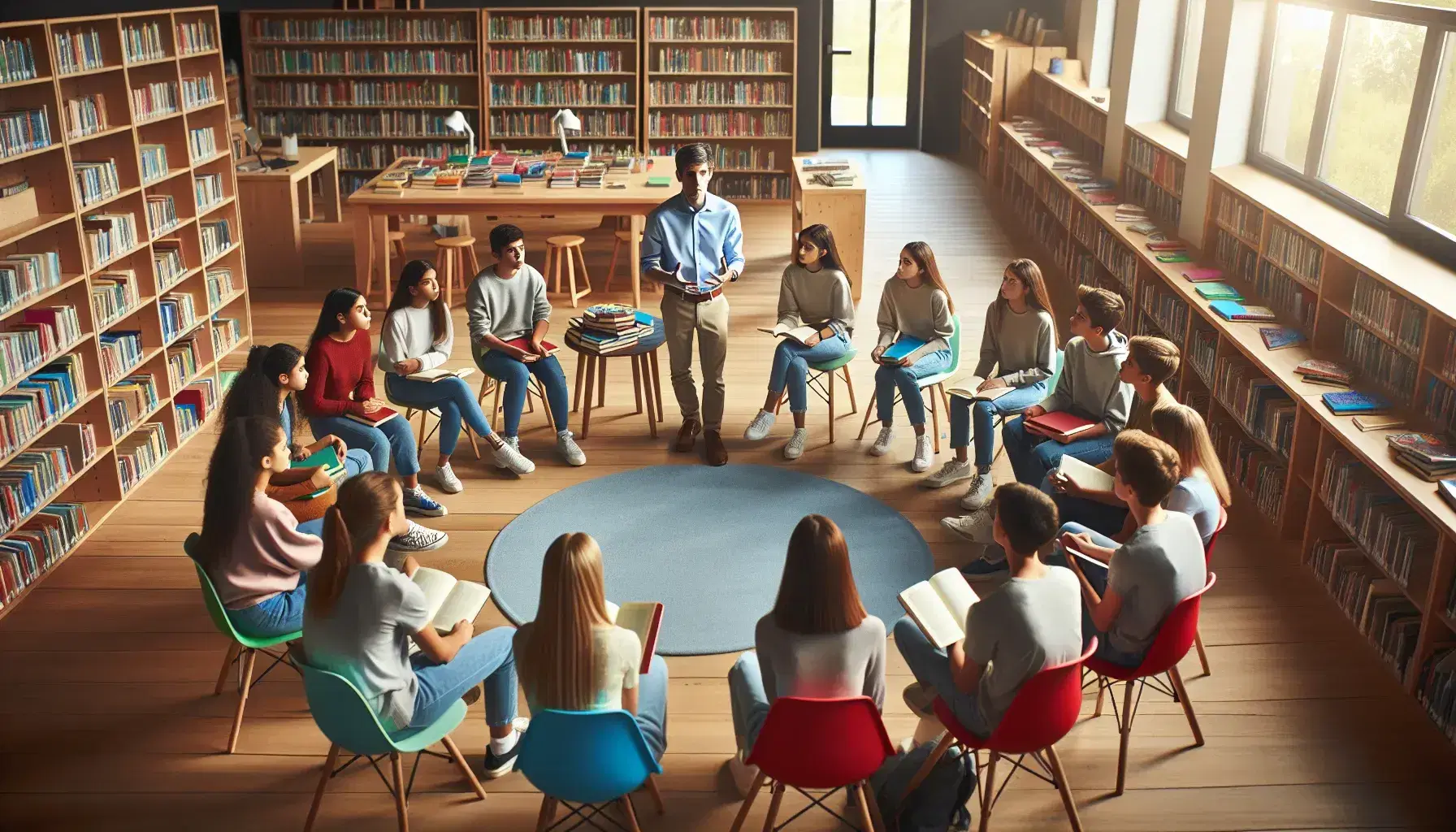 Grupo diverso de estudiantes atentos en biblioteca escolar con profesor facilitando una discusión, rodeados de estantes llenos de libros y luz natural.
