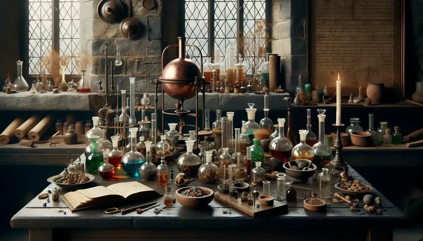 Laboratorio alchemico antico con tavolo in legno, fiale, alembic in rame, piante secche, mortaio e strumenti di misurazione.