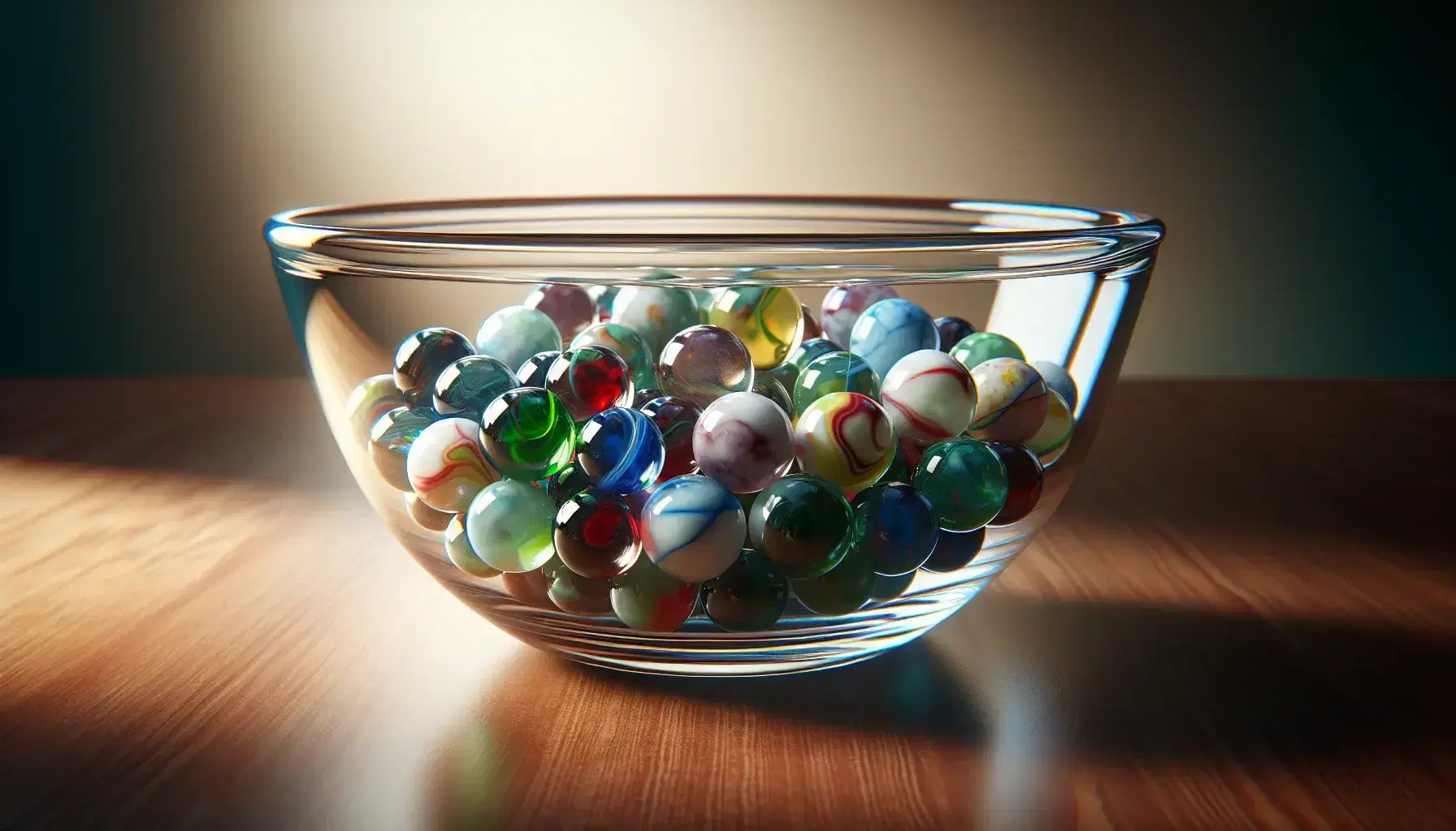 Close up of a clear glass bowl on dark wooden surface with colored marbles in red, blue, green, yellow and purple.