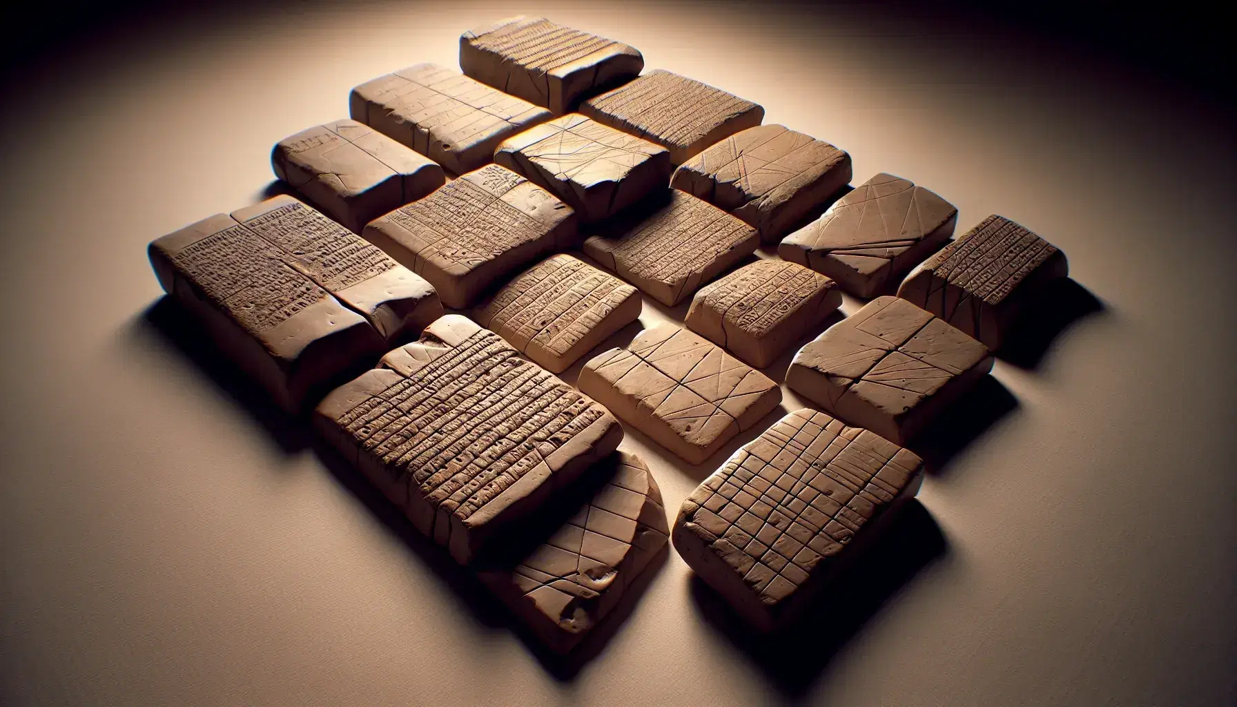Tabletas de arcilla antiguas con marcas de escritura en diagonal sobre fondo neutro, destacando texturas y variaciones de color marrón.