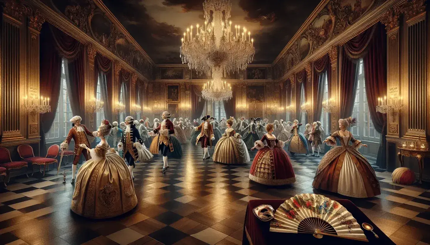 Scena di ballo in costume d'epoca con nobili in uniforme e abiti lussuosi, in una sala con tendaggi rossi, specchi dorati e candelabri scintillanti.