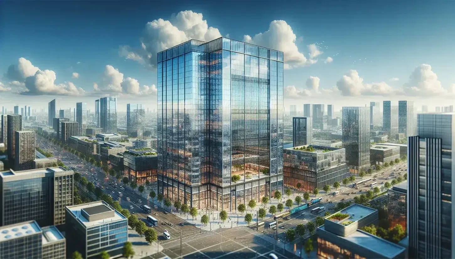 Modern high-rise office building with glass facade reflecting blue sky, surrounded by diverse cityscape and busy streets with vehicles and greenery.