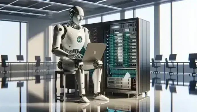 Robot umanoide bianco e grigio utilizza un laptop in un laboratorio di ricerca tecnologica moderno, con finestra e luci LED sullo sfondo.