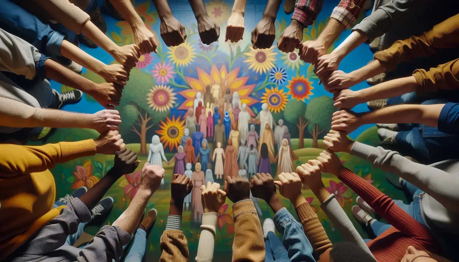 Manos entrelazadas de diversas tonalidades de piel en señal de unidad sobre fondo de mural con árboles y flores, simbolizando diversidad y apoyo mutuo.