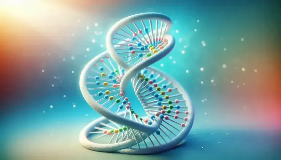 Estructura de doble hélice en 3D con pares de barras en tonos de rosa, amarillo, verde y naranja sobre fondo desenfocado azul-verde.