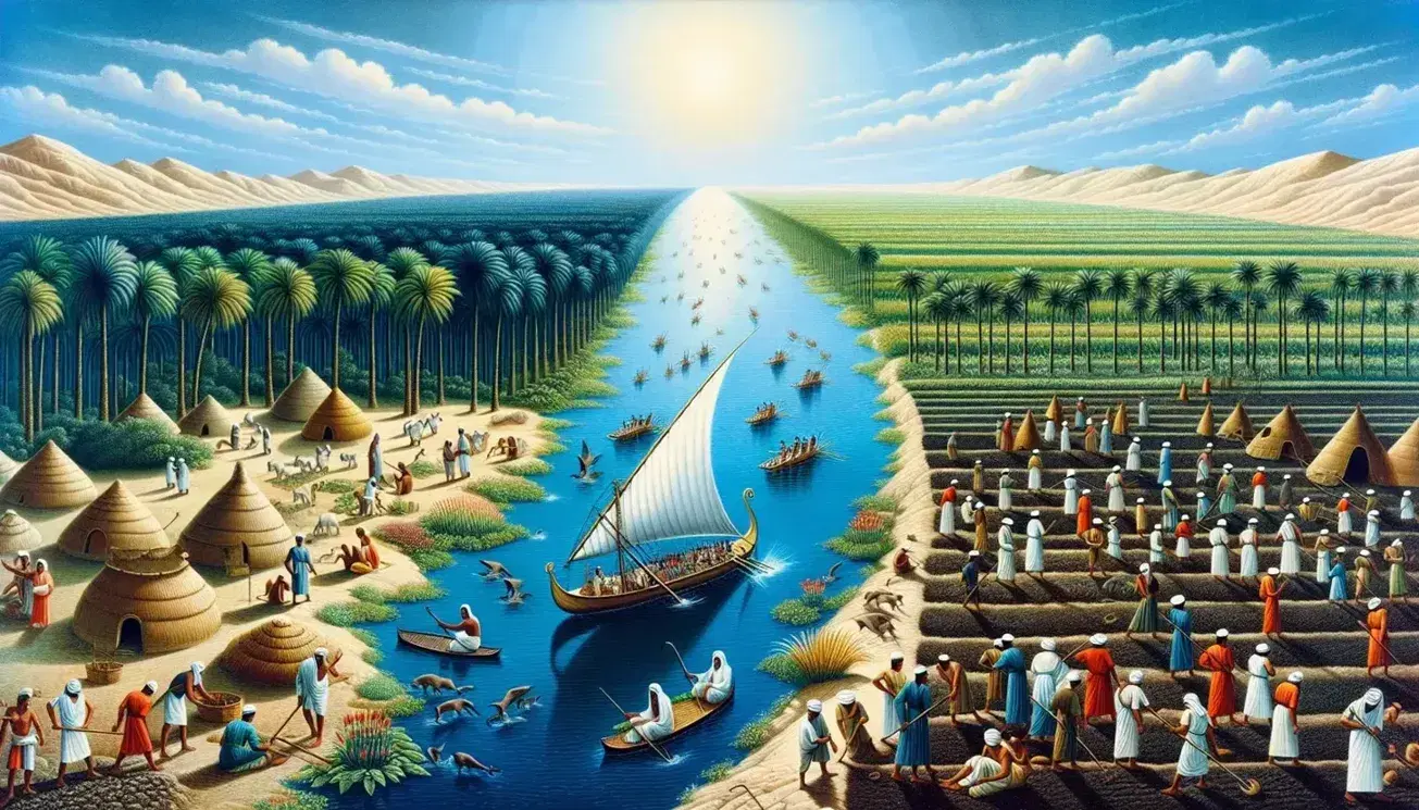 Scena quotidiana sul Nilo con contadini egiziani al lavoro sui campi fertili, una barca a vela tradizionale naviga e palme verdi in lontananza.