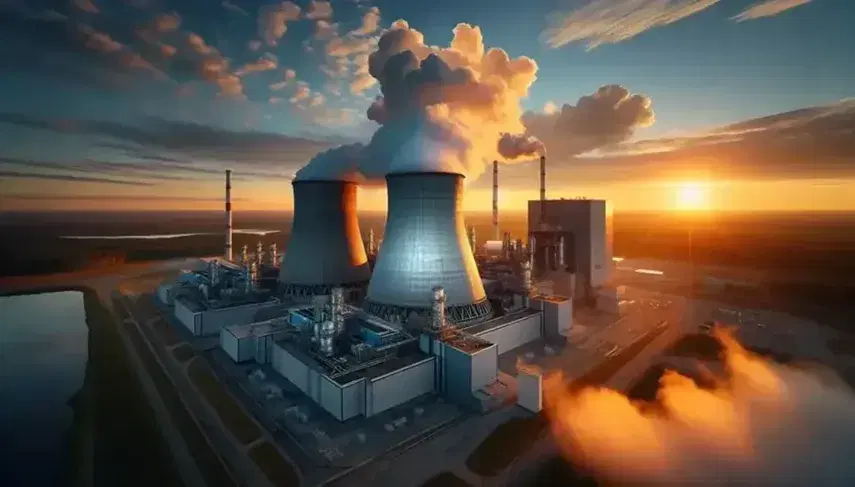 Central nuclear en funcionamiento al atardecer con domo metálico y torres de enfriamiento emitiendo vapor contra un cielo anaranjado y azul.