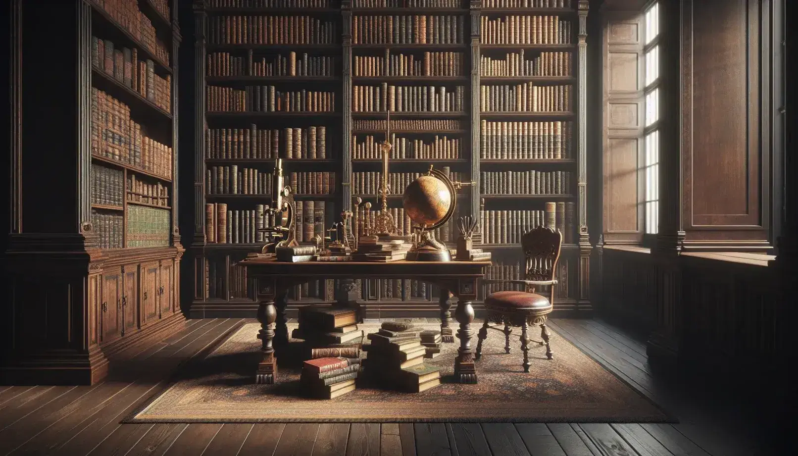 Biblioteca antigua con estantes de madera oscuros llenos de libros, mesa central con globo terráqueo y microscopio de latón, silla y alfombra persa.
