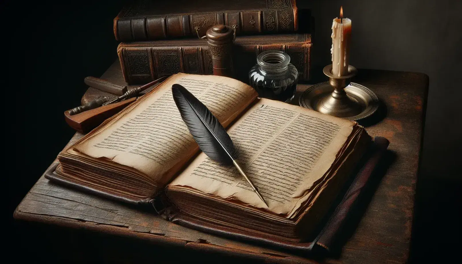 Open antique book on wooden table with yellowed pages and black quill pen, brass inkwell and unlit candle on dark background.