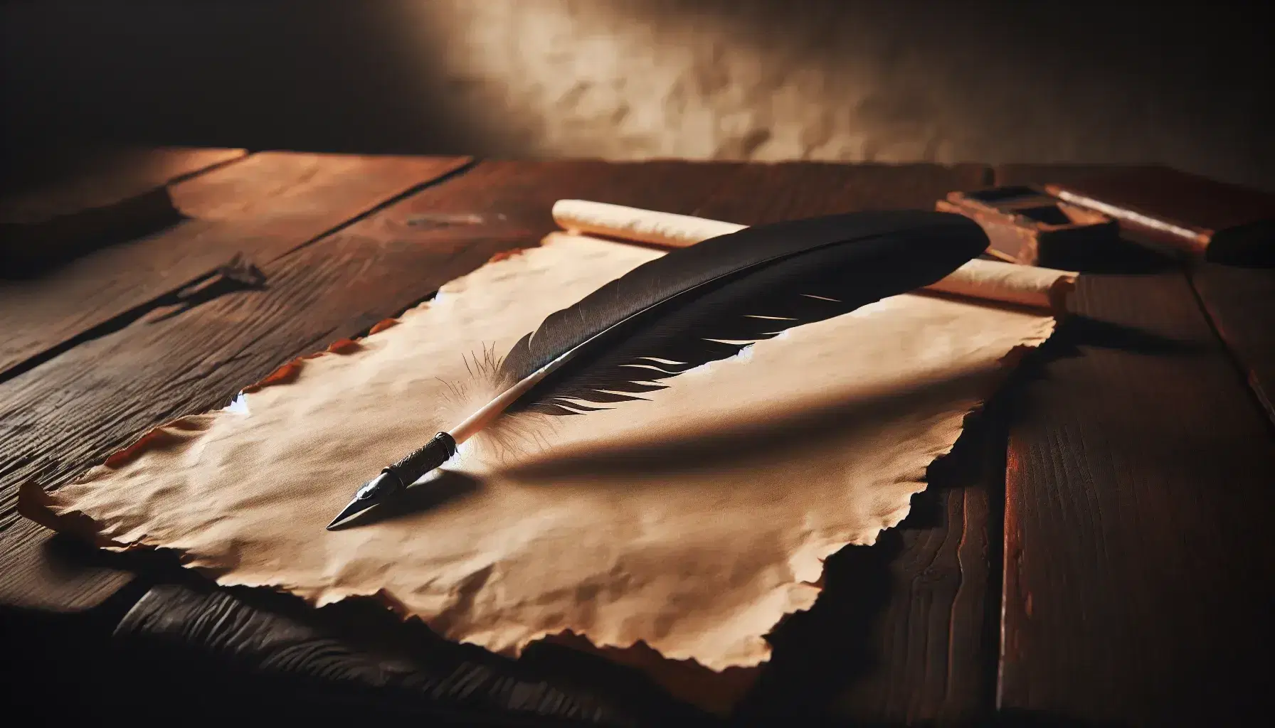 Quill pen with metal nib on blank parchment paper atop a wooden table, with a blurred stone wall background, evoking a vintage writing ambiance.