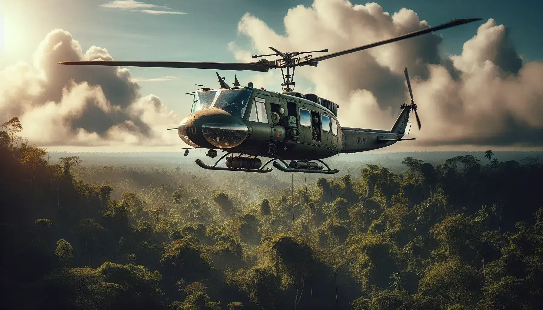 Helicóptero militar de color verde oliva con dos rotores sobrevuela selva tropical en un día soleado con cielo azul y nubes dispersas.
