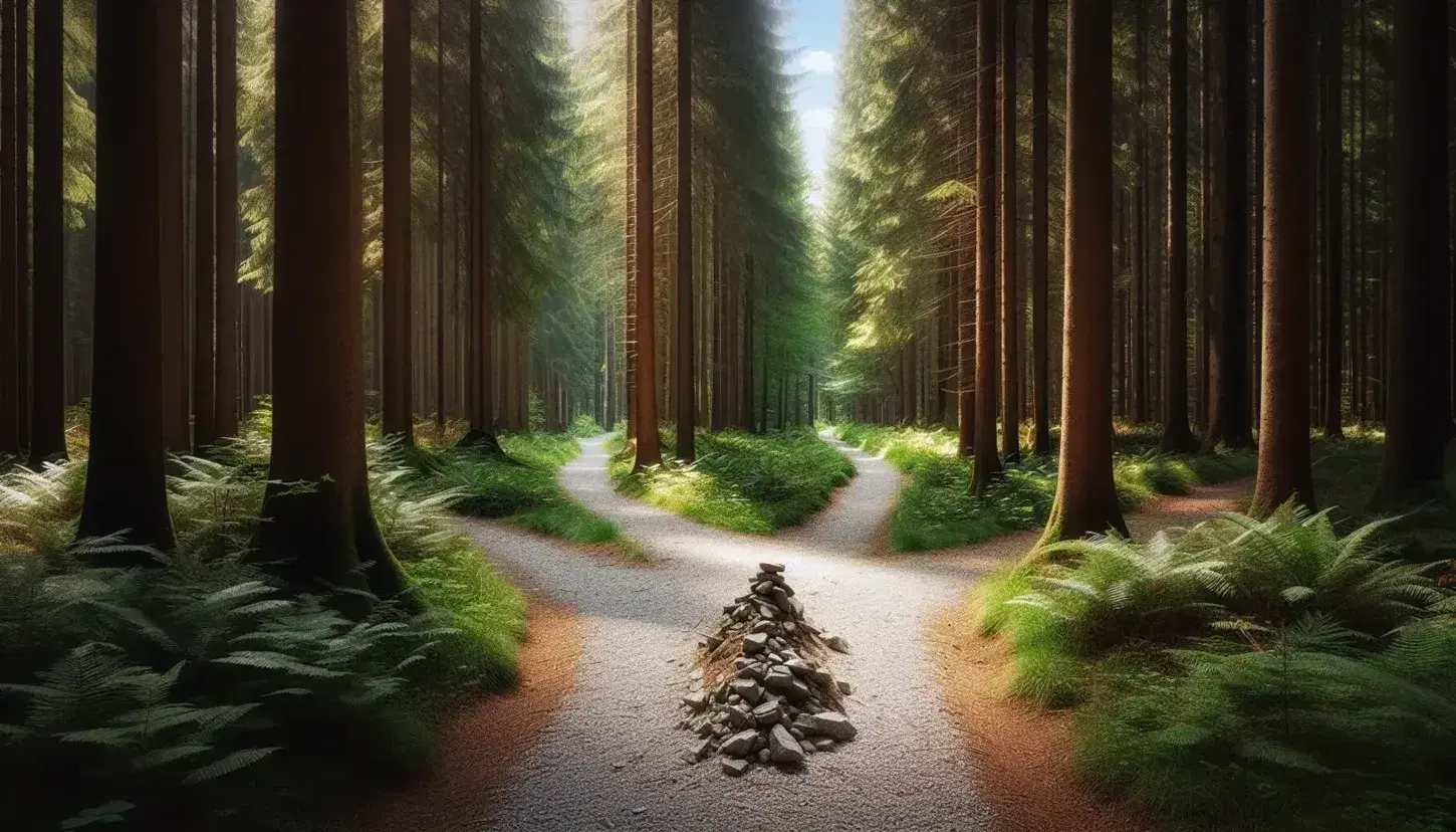 Sentiero sterrato si biforca in una foresta lussureggiante con alberi verdi e cumulo di pietre al bivio, filtraggio di luce solare.